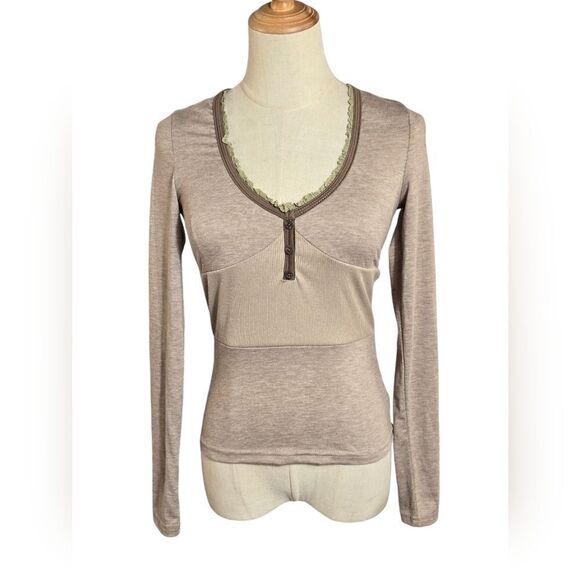 IAEY Brown Corset Style Two Fabric Henley Top NWT - Picture 1 of 7